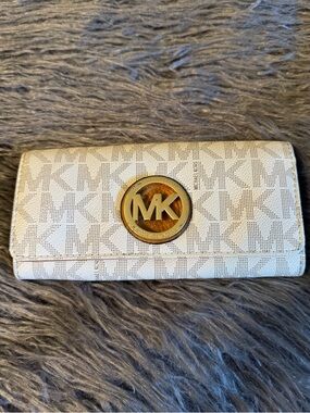 Michael Kors Cream Signature MK Logo Continental Wallet with Gold Accent